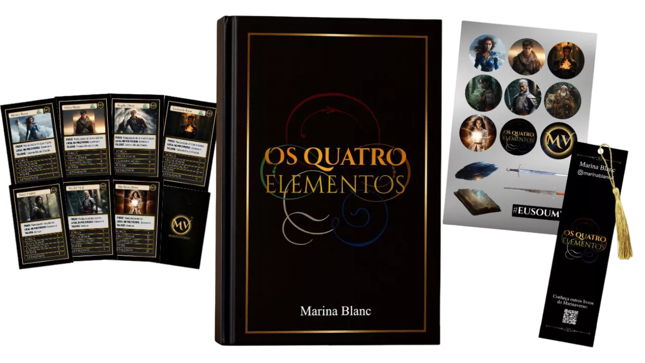 Edição capa dura ilustrada de Os quatro elementos acompanhada dos cards dos personagens, da cartela de adesivos e do marca-página