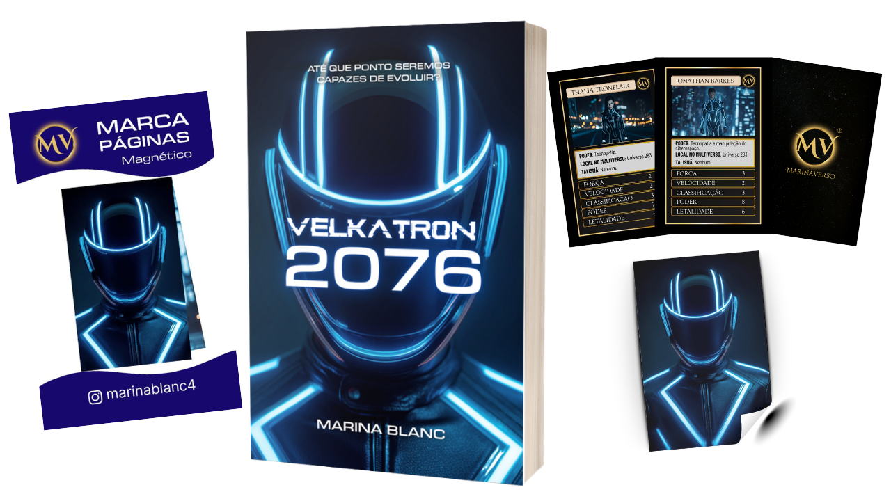 Livro físico Velkatron 2076 acompanhado do marca-páginas magnético, dos cards colecionáveis dos personagens e do adesivo com a arte da capa